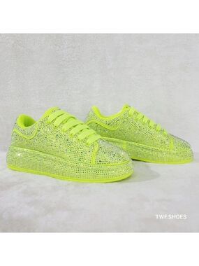 NIB Dazzle Cush Bright Neon Yellow Rhinestone Platform Sneakers Tennis Shoes